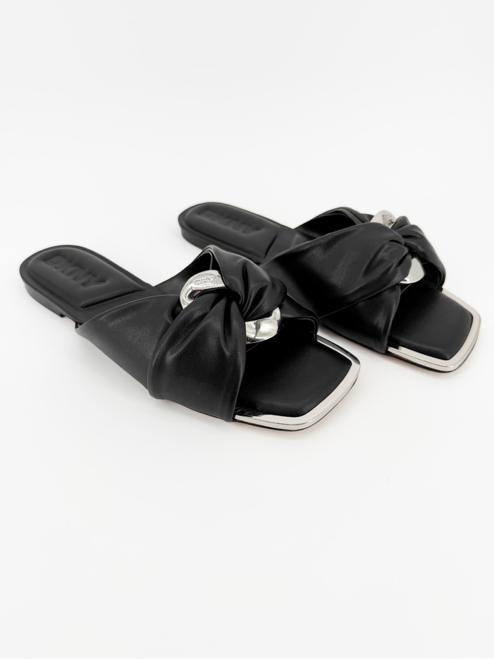 DKNY Doretta Twisted Slide Sandals Knotted Metallic Trim Black Silver 7.5 NEW